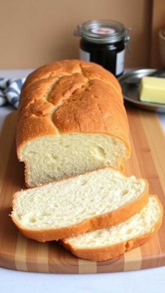No-Knead Sandwich Bread Recipe A loaf of no-knead sandwich bread sliced on a cutting board, with a soft texture and golden crust.